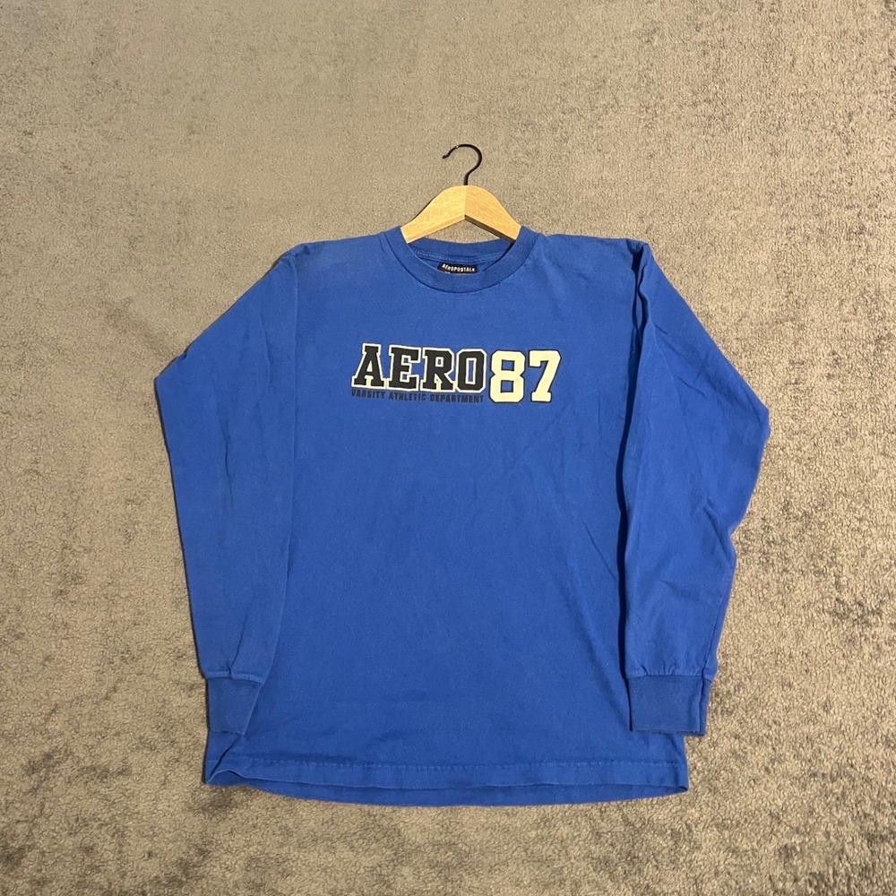 Vintage Y2K Aeropostale AERO 87 Varsity Long Sleeve Shirt Blue Mens Medium